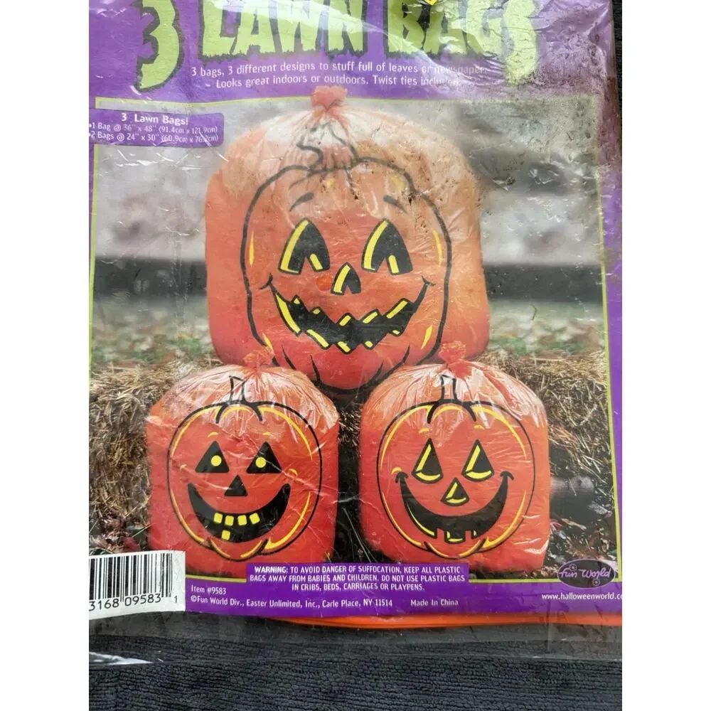 Fun World Indoor & Outdoor Halloween Pumpkin 3 Big Lawn Bags New Sealed Lot Of 2